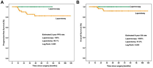 Figure 1 Kaplan–Meier plots for progression-free survival (A) and overall survival (B) between the laparoscopy and laparotomy groups.