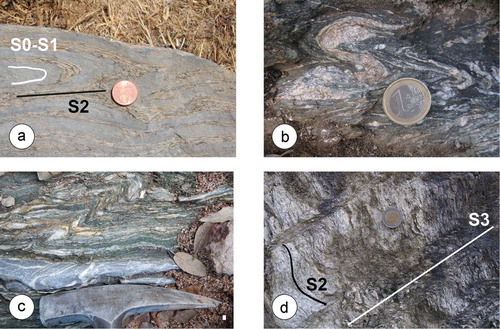 Figure 7. Meso-scale deformations in LU: (a) F2lu fold in metalimestone from Metalimestones and Metadolomites Fm. (PPU); (b) S2lu foliation deformed by F3lu folds in Metagranites (CPU); (c) F3lu folds in Metabreccia Fm. (PPU); (d) relationships between S2lu and S3lu foliations in metarhyolite from Metavolcanites and Metavolcaniclastites Fm. (CAU).