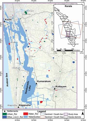 Figure 1. Spatial extent of the study area showing a part of Kottayam and Alappuzha districts in Kerala, India