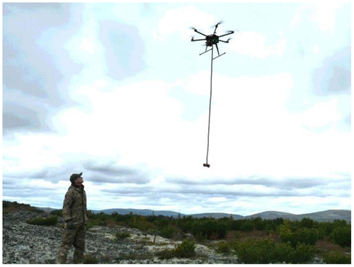 Figure 2. “Heavyweight” multicopter with magnetometer in flight.