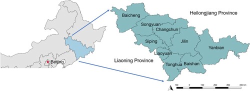 Figure 1. The study area of Jilin Province in northeast mainland China and its nine secondary administrative regions.