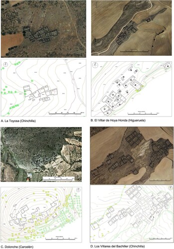 Figure 3. Orthophotos and plans of the sites: La Toyosa (A), Hoya Honda (B), Dolonche (C), and El Bachiller (D). Source: authors.