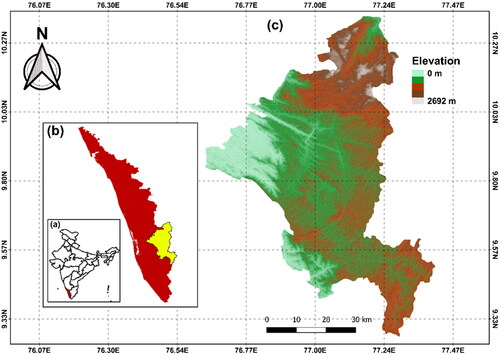 Figure 1. Locations of the study area: a) India; b) Kerala; and c) Idukki.