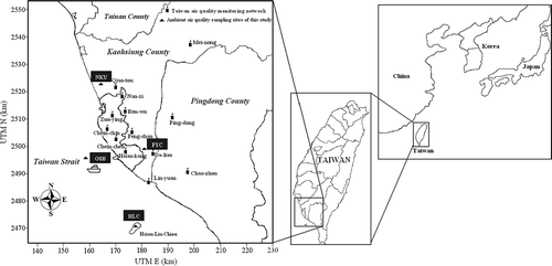 Figure 1. Location of inland and offshore sampling sites in the coastal region of southern Taiwan.