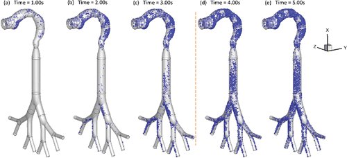 Figure 3. Local deposition patterns of EC particles (Qin = 55 ml per 3.0 s with 2-s holding): (a) t = 1.0 s; (b) t = 2.0 s; (c) t = 3.0 s; (d) t = 4.0 s; (e) t = 5.0 s.