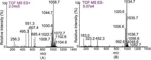 Figure 4. ESI-MS of the biosurfactant produced by F. nanhaiensis ME46. (A) is positive mode and (B) is negative mode.