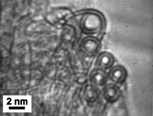 Figure 2.  High Resolution Transmission Electron Microscopy image of double-walled carbon nanotubes after elimination of the catalyst.