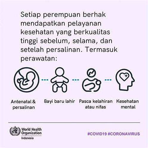 Figure 3 The high-quality care of women. Before, during, and after childbirth, all women have the right to high-quality care. This includes 1) Antenatal and intrapartum, 2) Newborn, 3) Postnatal, and 4) Mental health.