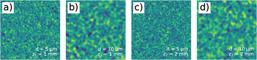 Figure 4. Heterodyne Near Field Speckles obtained with coherent light from ensembles of particles with average diameter (a,c) d=5 μm and (b,d) d=10 μm at two different distances (a,b) z1=1 mm and (c,d) z2=2 mm downstream the sample. Each square is 150 × 150 μm 2 in real space. The average speckle size does not vary with z and it matches the size of the scatterers