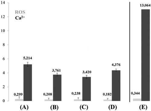 Figure 5. Relative intracellular ROS levels and extracellular matrix calcification of living LECs isolated from anterior lens capsules of LECs from internal surface trypan blue stained anterior lens capsule in type 2 diabetic cataract patients (A); LECs from internal surface trypan blue stained anterior lens capsule in patients with age-related cataract (B); LECs from outer surface trypan blue stained anterior lens capsule in patients with age-related cataract (C); LECs from outer surface trypan blue stained anterior lens capsule in type 2 diabetic cataract patients (D); LECs from outer surface trypan blue stained anterior lens capsule in patient with colon cancer (E).