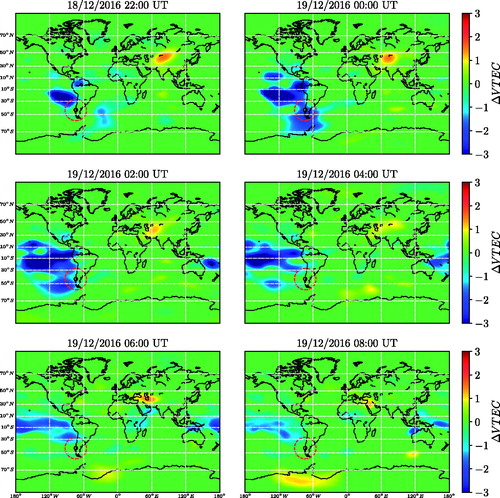 Figure 5. Differential VTEC maps for December 18 and 19, 2016. The grey circles indicate the epicenter of the Chiloé earhquake. The dashed red circles define the earthquake preparation region according to the Dobrovolsky equation (Dobrovolsky et al.Citation1979).