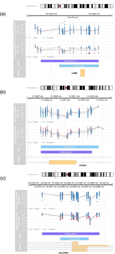 Figure 4. The three replicated DMRs. (a) DMR1 near the nc886 gene. (b) DMR2 near the LY6G5C gene. (c) DMR3 near the HLA-DPB1 gene.