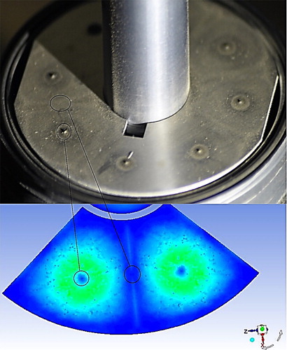 Figure 12. Correspondence of experimental sample and numerical simulation results for the location of defined stagnation points created between two adjacent jets and where the jets hit impaction plate.