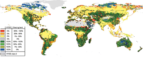 Figure 4. Comparison of the permanent pasture map by Klein-Goldewijk Citation(2001) and the grazing land layer. Greenland and Antarctica not included. For discussion see text. (Available in colour online)