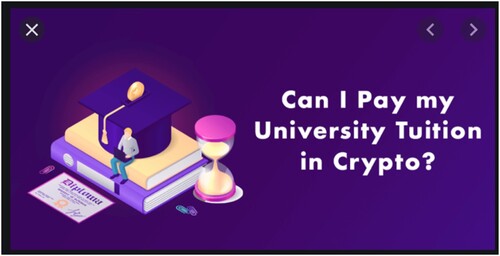 Figure 9. Advert for crypto https://www.coinmarketcal.com/en/news/can-i-pay-my-university-tuition-in-crypto.