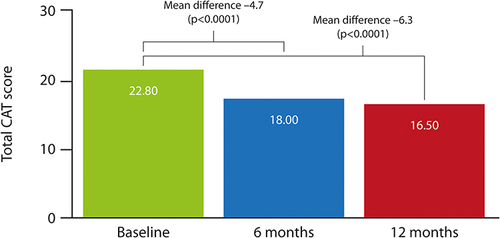 Figure 1 Change in mean total Chronic obstructive pulmonary disease Assessment Test score from baseline to 12 months.