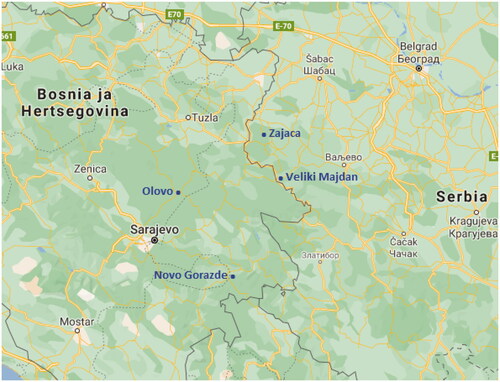 Figure 1. Location map of Olovo, Novo Gorazde, Zajaca, and Veliki Majdan.
