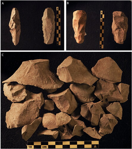 Figure 11. Greenstone artifacts collected in Unit III. (A) Adze preforms in category V0. (B) Adze preforms in category V1. (C) Waste material in category V0.