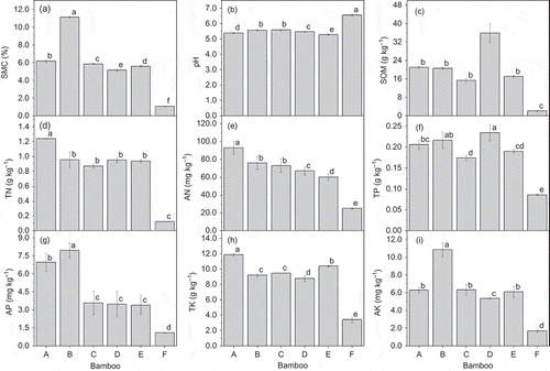 Figure 2 Soil physicochemical characteristics of various bamboo forests (A = P. amabilis, B = A. edulis, C = D. vario-striata, D = D. oldhami, E = D. beecheyana var.pubescens, F = bare land). Error bars are standard deviation (SD). Different letters indicate significant differences (P < 0.05). SMC: soil moisture content, SOM: soil organic matter, TN: total nitrogen, AN: available nitrogen, TP: total phosphorus, AP: available phosphorus, TK: total potassium, AK: available potassium.