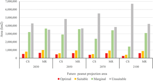 Figure 11. The total areas of future peanut crops using the CSIRO-Mk3.0 (CS) and MIROC-H (MR) projections for 2030, 2050, 2070, and 2100.