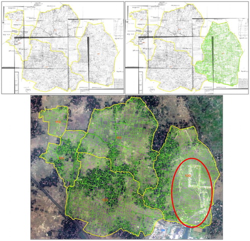 3 Digitisation of individual parcel from georectified cadastral map (above); overlaying digitised parcel layer on VHR satellite image to update same (below) Note: A significant change in parcel boundary as well as land use pattern can be observed in the area under the red circle as highlighted in the figure