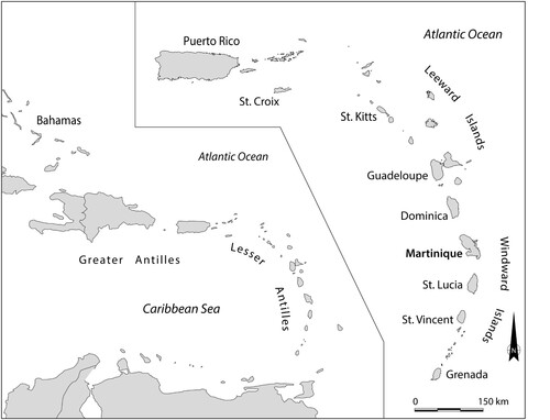 Figure 1. Map of the Caribbean. Insert: location of the island of Martinique in the Lesser Antillean island arc divided into the Leeward and Windward Islands (Figure copyright NEXUS1492).