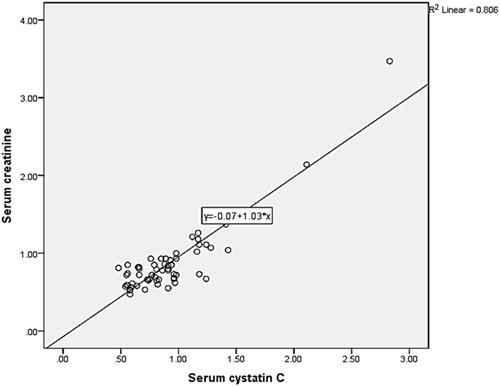 Figure 1 Scatter plot depicting correlation between serum levels of cystatin C and creatinine among T2DM patients.