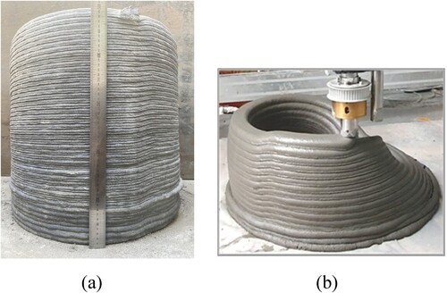 Figure 8. Buildability test using stiff mixture: (a) successful print with the building rate of 0.8 m/hr and (b) plastic failure at the building rate of 1.44 m/hr.