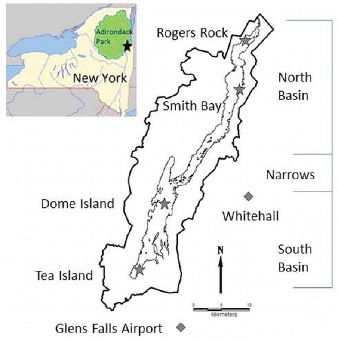 Figure 1 Lake George and its watershed with offshore sampling locations (stars) and weather stations (diamonds). Insert shows the location of Lake George within New York State, in the southeast portion of the Adirondack Park.