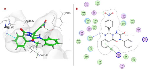 Figure 3. (A) 3D Interaction diagram of compound 6e (thick green sticks) in the molecular surface of COX-2 (PDB: 1CX2) binding site. (B) 2D Interaction diagram of compound 6e with amino acid residues of COX-2.