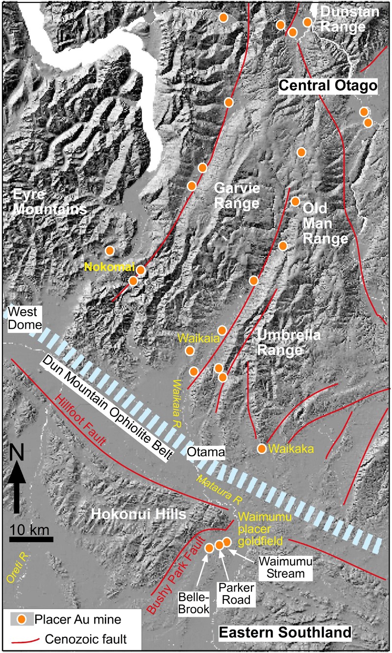 Figure 2 Hillshade image showing the topographic setting of the Waimumu placer goldfield. Principal gold placer mines are indicated, including the Waimumu Stream mine which is the topic of this study.