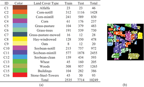 Figure 5. IP dataset. (a) Land cover type and sample settings. (b) Spatial distribution of training samples (white windows).