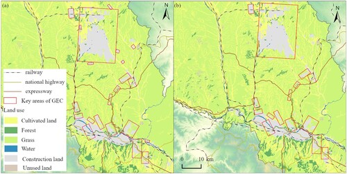Figure 4. Results of identifying key areas of GEC (taking Lanzhou as an example): (a) The scenario where areas less than 5 km² are not excluded, (b) The scenario where areas less than 5 km² are omitted.
