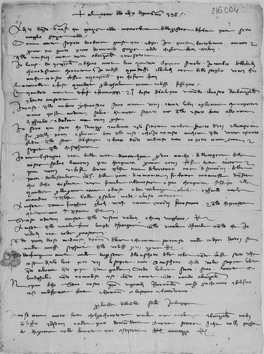 Fig. 3. Letter from the merchant Luca del Biondo written on 10 June 1398 from Bruges, where he had decided to stay in retirement, asking for a ‘beautiful’ nautical chart that would include the parts of the Byzantine Empire he had visited on his final voyage in the eastern Mediterranean (lines 19 to 25). Archivio di Stato di Prato, Datini 1060, 316064, letter Bruges–Majorca, Luca del Biondo to Datini Company, 1398/06/10. (Reproduced with permission from Ministero per i beni e le attivitá culturali / Archivio di Stato di Prato.)