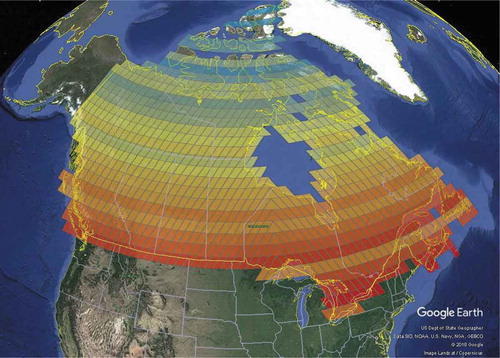 Figure 8. A globe-based visualization showing latitudinal change in population at resolution 4 (isolatitude rings are colored by population ranging from blue (lowest) to red (highest)) (©2018 Google).