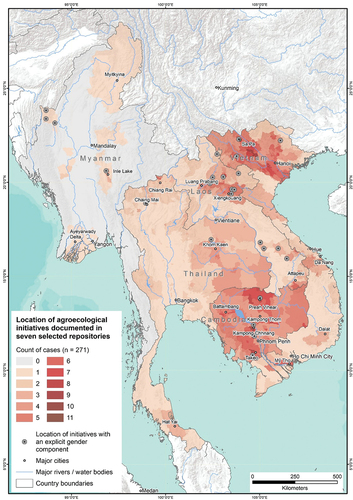Figure 4. Spatial distribution and number of occurrences of case of the systematic review that present innovations across Cambodia, Laos, Myanmar, Thailand and Vietnam.