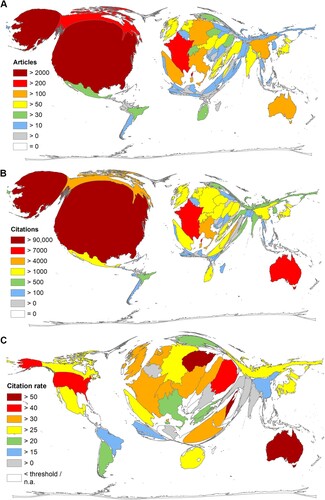 Figure 2. Density equalizing map projections. (A) Number of articles. (B) Number of citations. (C) Citation rate (number of citations/number of articles). Analysis threshold ≥ 20 articles on WNV.