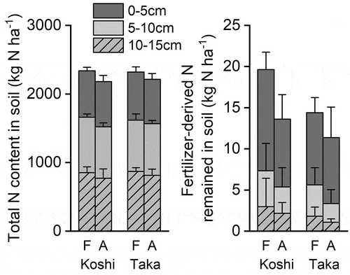 Figure 5. Total nitrogen (N) and the remaining fertilizer-derived N content in the soil (0–15 cm depth) at the maturing stage.