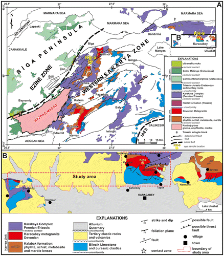 Figure 2. (A) Simplified geological map of the Biga Peninsula and surroundings showing the distribution of tectonic zones discussed in the paper (after Duru et al., Citation2007, 2012; Pehlivan et al., Citation2011). (B) Geological map of the study area (in the eastern Karacabey Town, continuation of the contacts of Havran Unit is taken from Pehlivan et al., Citation2011; tectonic contact between the Havran and Nilufer units in the north of the Karacabey pluton is taken from Sunal, Citationin press).