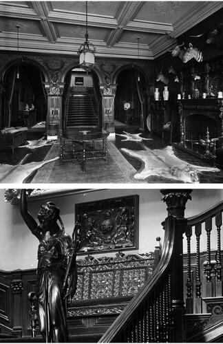 Fig. 13. Views of the interior of Rolleston Hall, Staffordshire, showing the N.M. 1596 settle on the house’s principal staircase landing, 1892Source: Historic England Archive