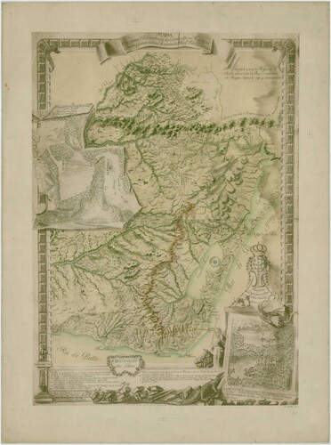 Fig. 2. Jose Custodio de Sá y Faría, Mappa que contem o Pais conhecido da Colonia … , 1750. 78 × 58. Biblioteca Nacional de Uruguay, Biblioteca Digital. This is an undated imprint of the original issued by Imprenta Lahure (Paris). The inset trompe l’oeil details show conflicts that took place between the Portuguese and the Indigenous population in the region.