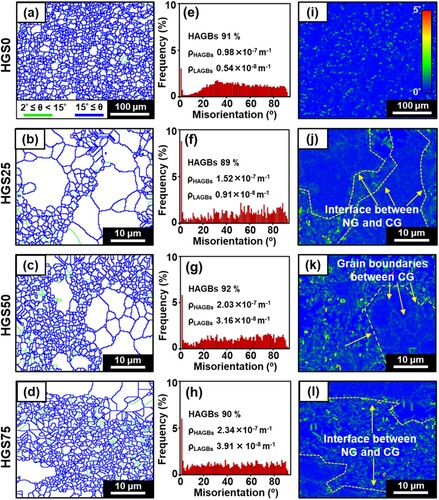 Figure 7. Grain boundary and dislocation density analyses of LPBF-consolidated HGS bulk samples, with coarse-grained Zn samples consolidated by the as-received powders as control.