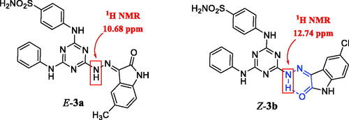 Figure 2. The E-isomer of compound 3a and Z-isomer of compound 3b with the pseudo-six-membered ring (in blue color).