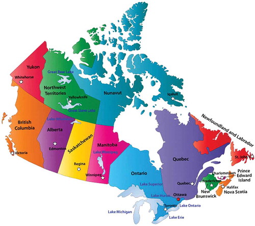 Figure 2. Geographic map of Canada showing Canadian provinces and provincial capitals.