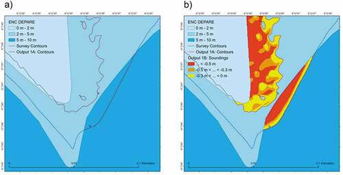 Figure 3. Example of discrepancies (highlighted by the red lines), a) where the 2 m and 5 m depth contours of the survey are inside the ENC DEPARE of 2 m − 5 m and 5 m − 10 m, respectively. b) the magnitude of these differences is illustrated in a yellow to red classification colour scheme.