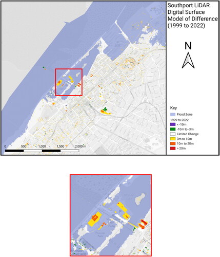 Figure 13. Southport 1999 and 2022 LiDAR DSM comparison. Central-west Southport is inset (OpenStreetMap).