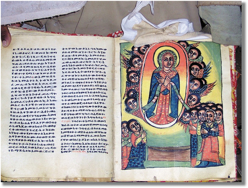 Figure 1. An illuminated manuscript depicting Mother Mary from the Ge’ez manuscript collection at the Monastery of Debra Laganos in Axum, Ethiopia.Footnote1