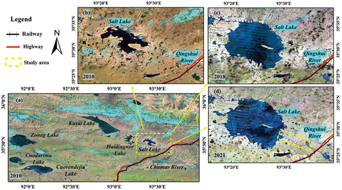 Figure 1. The overview of study area as observed by Landsat images; (a) the topography around Salt Lake (2010) and the coverage of the radar satellite data; (b) Salt Lake status before the outburst (2010); (c) Salt Lake status after the outburst (2018); (d) Salt Lake status and channel (2021).