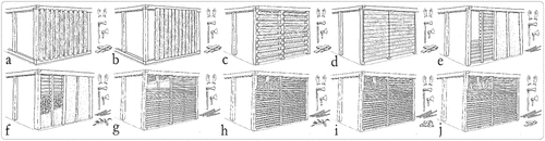 Figure 6. Classification of the different material variants with rigid screens, from left to right: open vertical laths (a), closed vertical laths (b), open horizontal laths (c), closed horizontal laths (d), simple lath-and-daub with earth (e), simple lath-and-daub with plant fibres (f), double lath-and-daub with earth (g), double lath-and-daub with earth and plant fibres (h), double lath-and-daub with stones (i), and double lath-and-daub with boards (j).