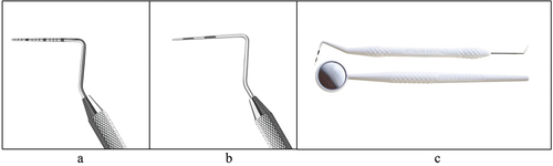 Figure 2. a). Image of North Carolina periodontal probe (UNC-15). b). Image of marquis periodontal probe (PCP126), with 3-6-9-12 mm markings. c). Image of Disposable i-PAK® periodontal probe, with 3-6-9-12 mm markings.